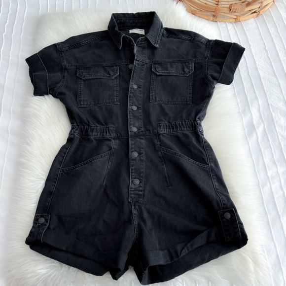 Free People We The Free Marci Cuffed Shortalls Rebel Black Shorts Denim Romper M - Picture 6 of 12